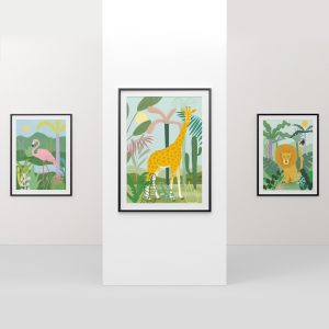 plakaty dla dzieci żyrafa, lew, flaming, kokko design, artysci dla dzieci